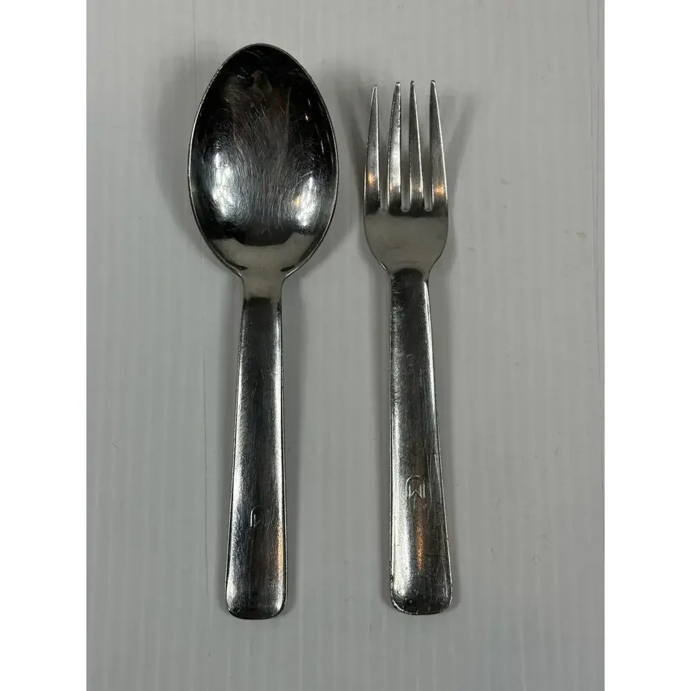Vintage MCM Vilco Stainless Steel Fork Spoon Set Wide Handle M Above U Logo‎